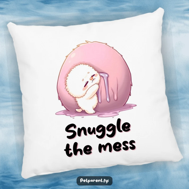 Funny pillow featuring a small fluffy creature hugging a large, drool-covered object, embodying comic affection and messiness.