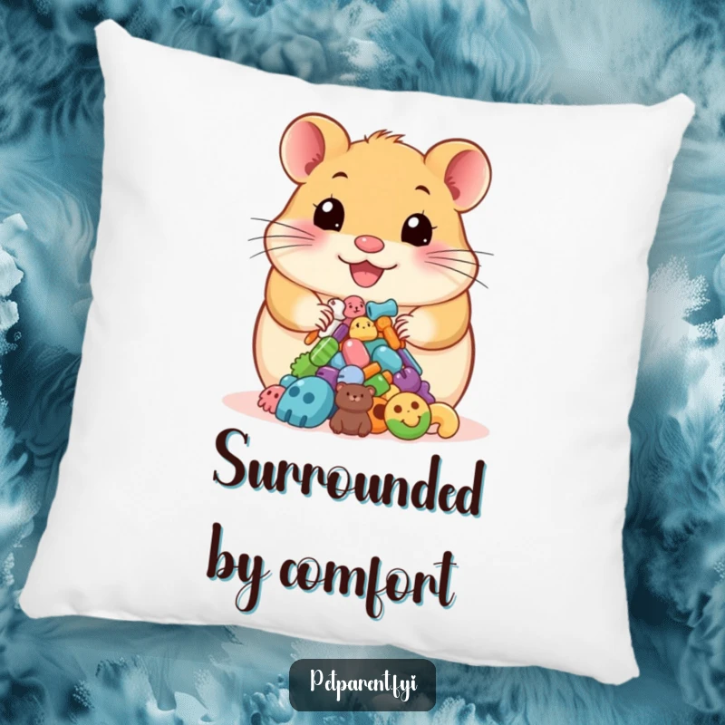 Funny pillow displaying a happy hamster proudly presenting colorful pet accessories, offering a humorous and cozy pet-themed touch.