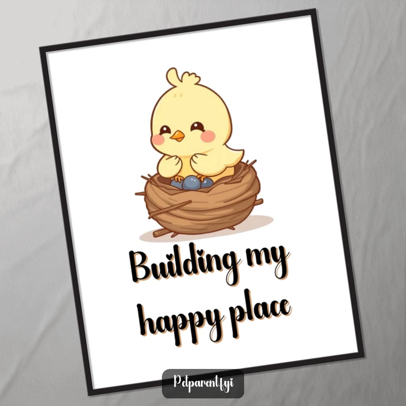 Funny cheerful bird character building a cozy nest, presented as humorous and charming digital wall art.