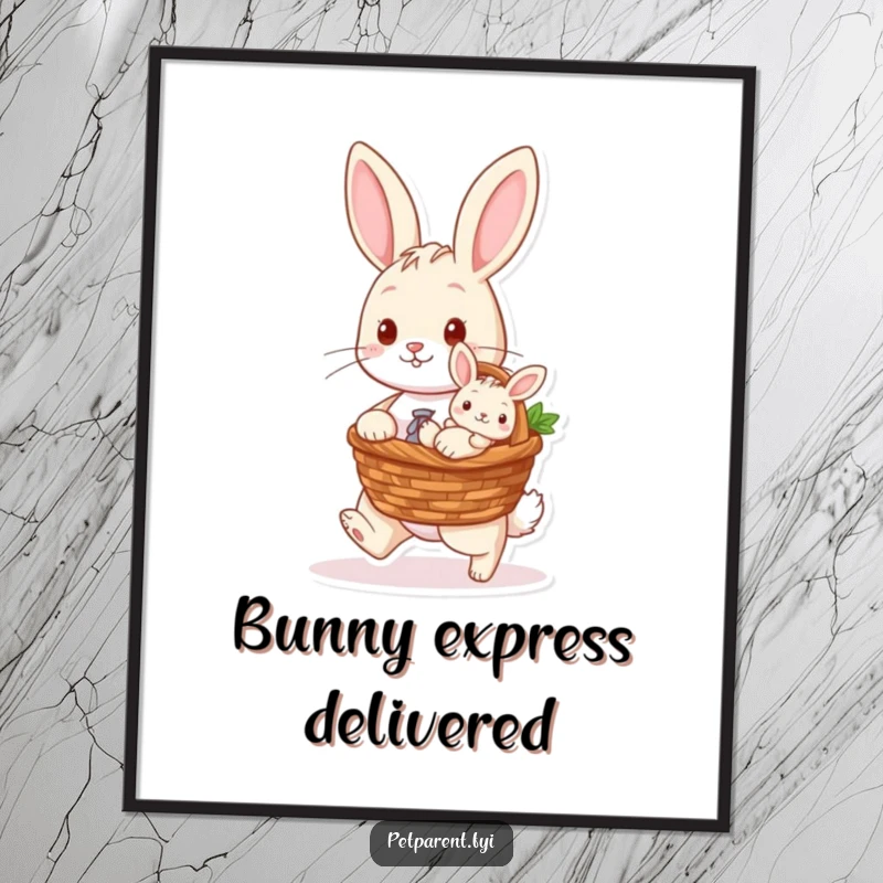 Funny digital art print of a rabbit character carrying a baby bunny in a basket, perfect for heartwarming nursery decor.