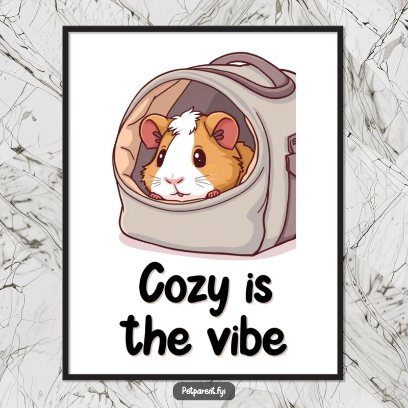 Funny digital art print of a content guinea pig peeking from a cozy carrier bag, ready for humorous wall decor.