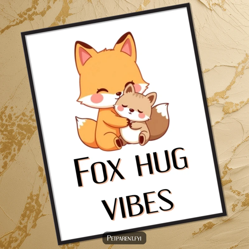 Funny fox hug digital art print, caring fox character offering a warm hug to a smaller animal, heartwarming and humorous wall decor.