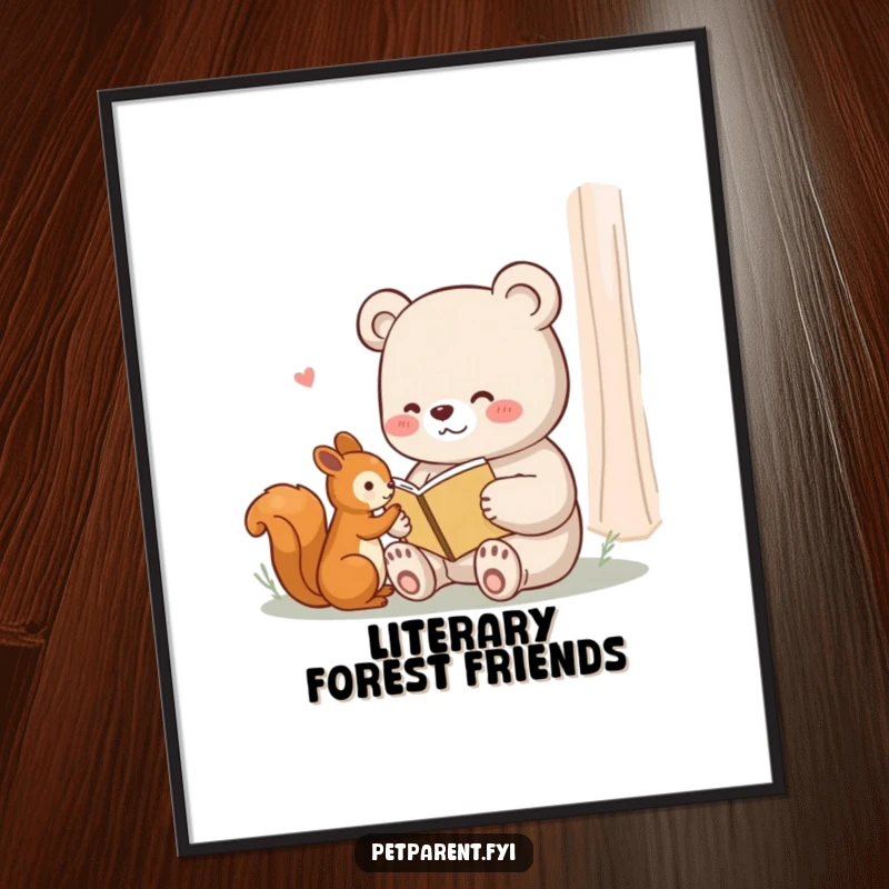 Funny digital art print: a content bear reading a tiny book to a squirrel, perfect for instant literary wall decor.