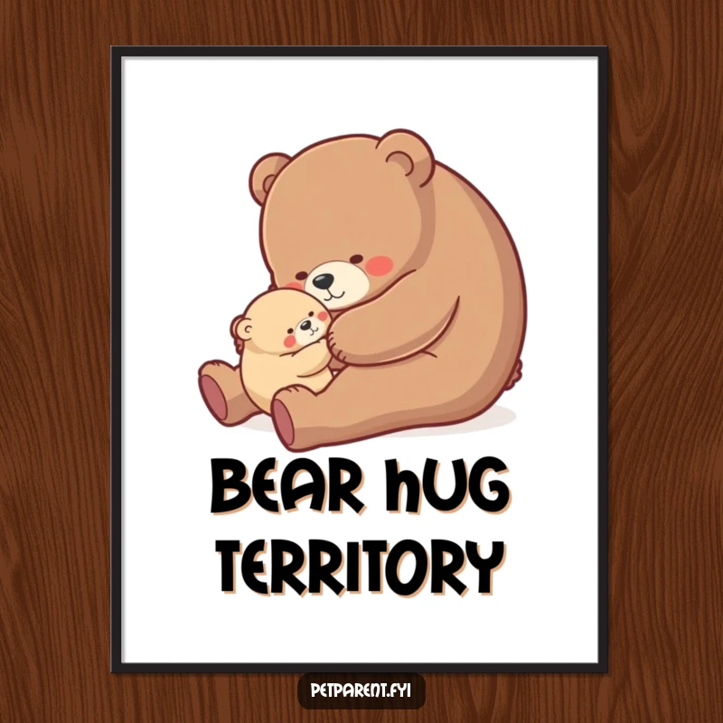 Funny bear hug digital art print, nurturing bear character gently rocking a small cub, heartwarming and humorous wall decor.