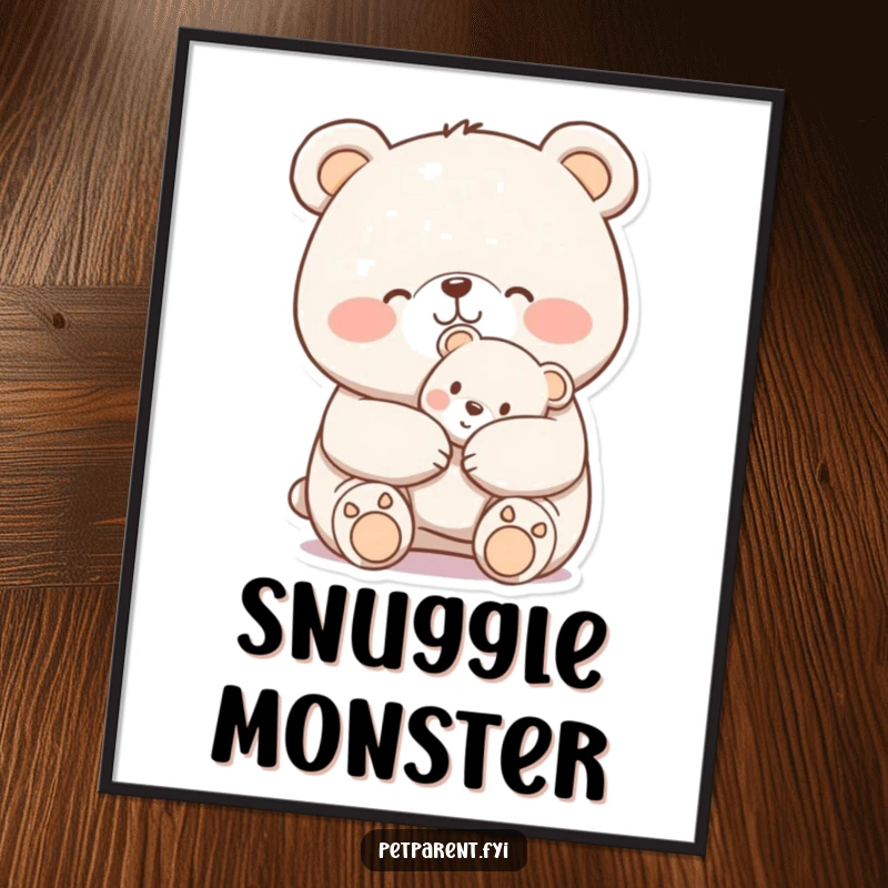 Funny Digital Art Print: A cheerful bear nuzzles a small teddy bear, offering heartwarming humor and cozy charm.