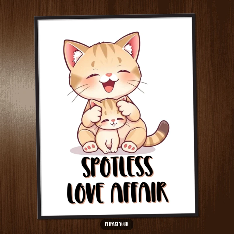 Funny digital art print of a cat character joyfully grooming a very small kitten, perfect for heartwarming and tender wall decor.