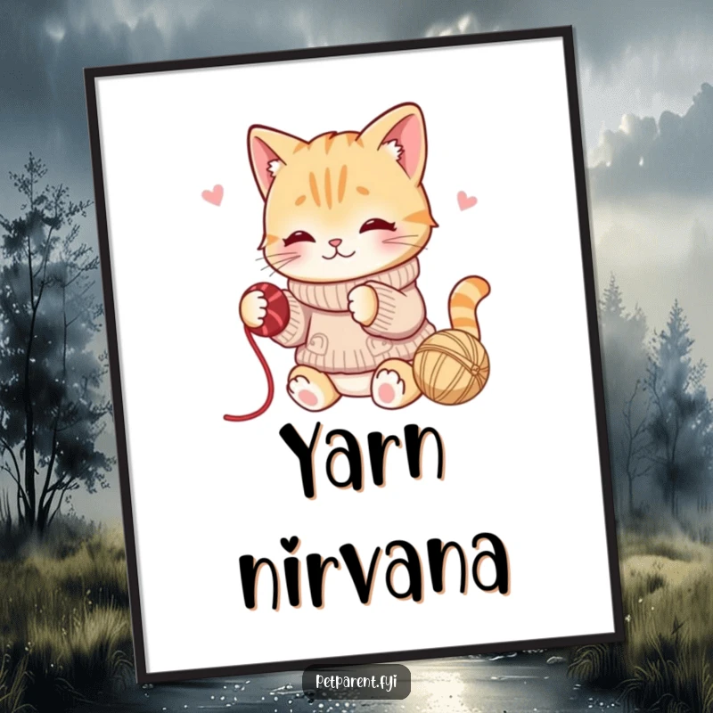 Funny digital art print of a playful cat character in a sweater batting yarn, embodying fun and feline charm.