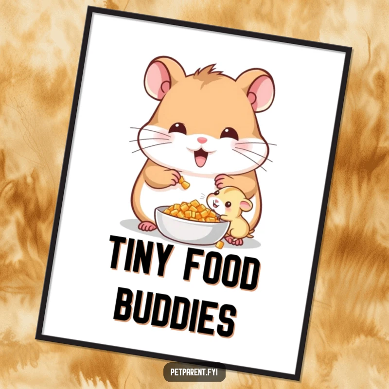 Funny Cheerful Hamster Digital Art: A cheerful hamster sharing food with its tiny offspring, ideal for humorous family decor.