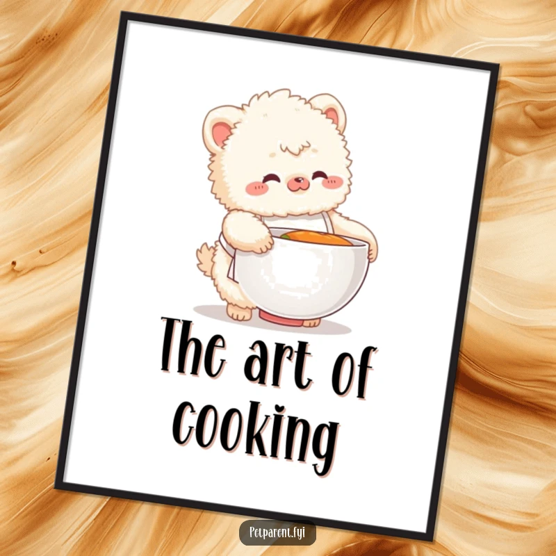 Funny digital art print of a fluffy creature in a small apron fumbling with a giant food bowl, symbolizing comic culinary attempts.