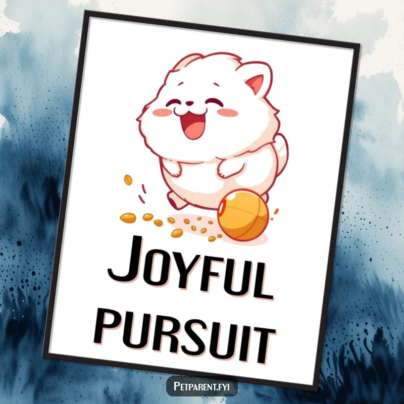 Funny digital art: a fluffy creature joyfully chasing a rolling food pellet, radiating pure excitement and happiness.