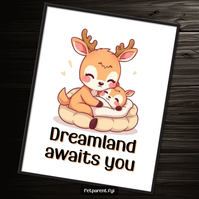 Funny digital art print of a deer offering a bed, perfect for printable wall decor bringing cozy humor.