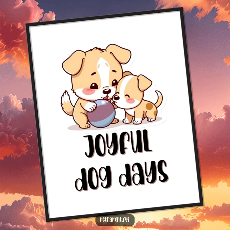 Funny Dog Digital Art Print showing a playful dog offering a squeaky toy to a puppy, providing instant humorous and heartwarming wall decor.