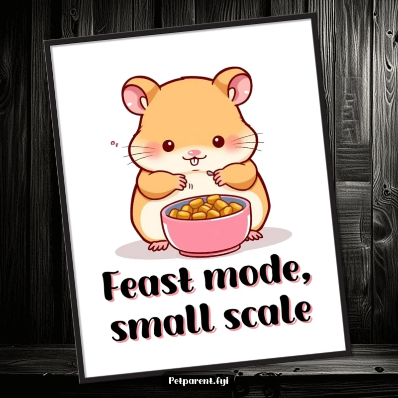 Funny digital art print of a hamster character preparing a tiny food bowl for a companion, perfect for heartwarming pet-themed decor.