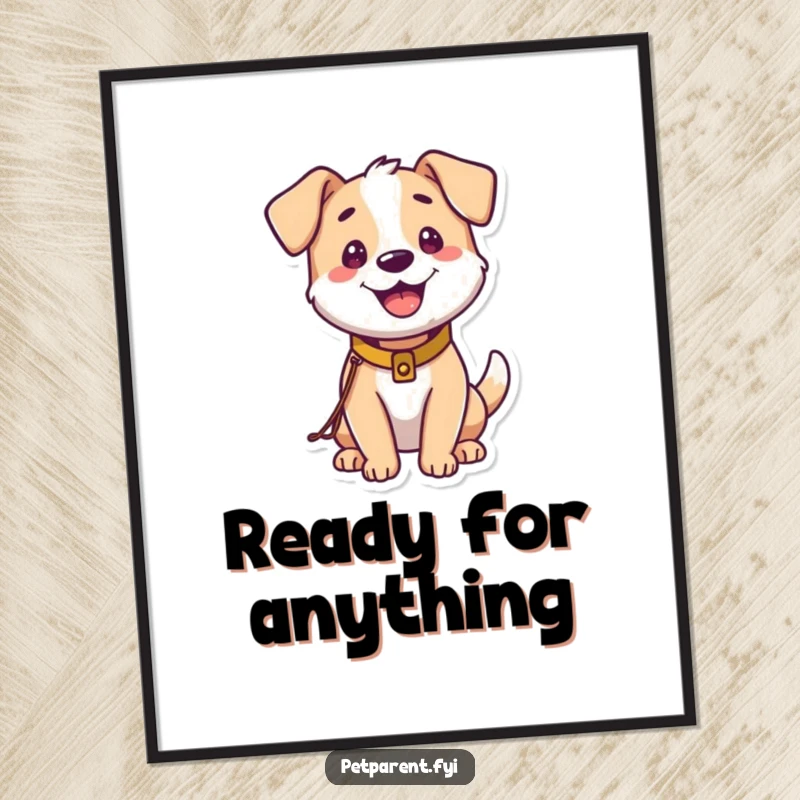 Funny Dog Digital Art Print: A happy dog wearing a small leash and collar is excited for a walk. Humorous and instantly downloadable.