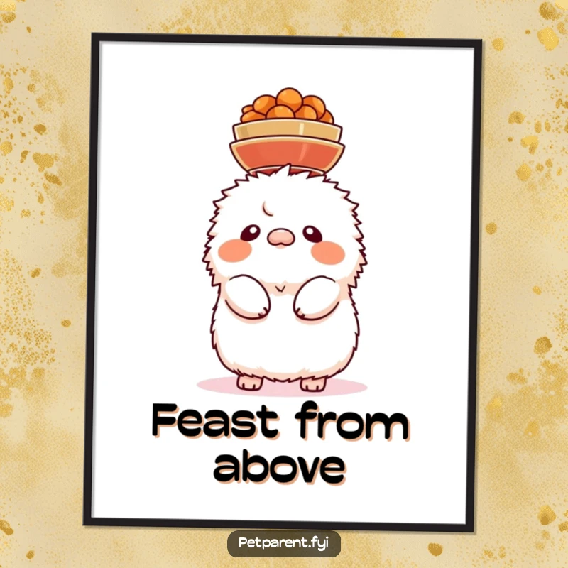 Funny digital art print of a fluffy creature precariously balancing food bowls on its head, symbolizing comic struggle and humor.
