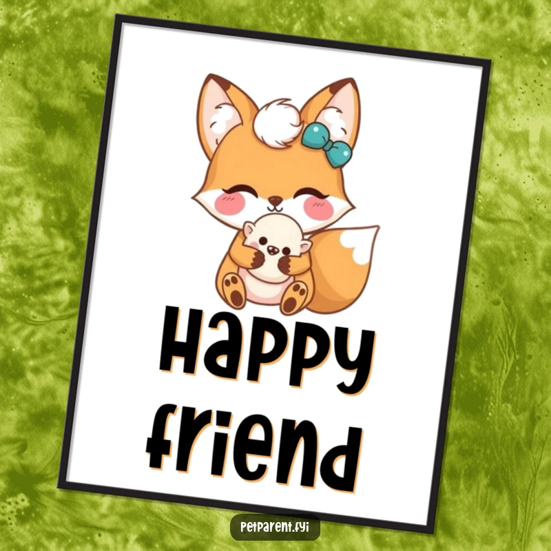Funny Kawaii Fox Digital Art: High-resolution art of a happy Kawaii fox hugging a fluffy toy, ready for instant download.