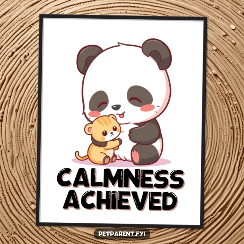 Funny digital art print: a happy panda gently petting a small, cute kitten, perfect for instant wall decor.