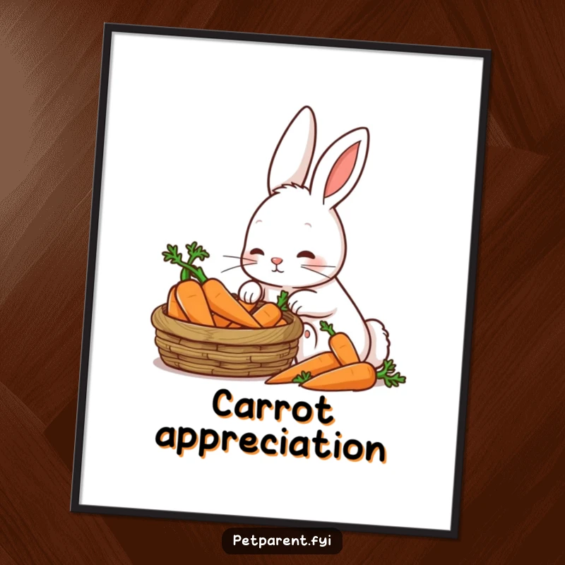 Funny Patient Rabbit Digital Art: A patient rabbit lovingly looks at a basket of carrots, ideal for humorous decor.