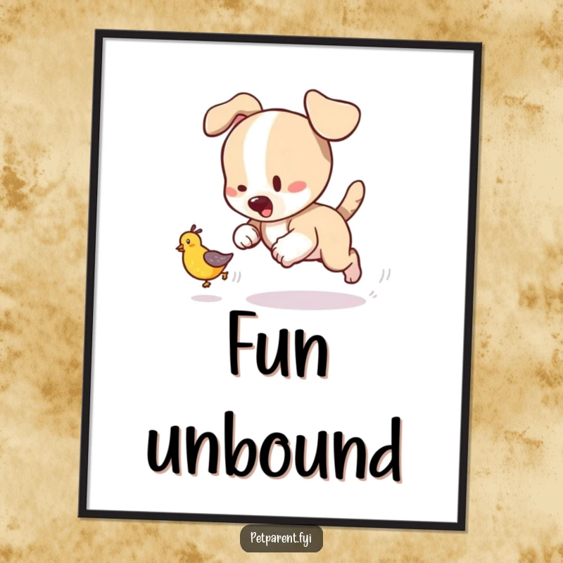 Funny digital art print of a playful puppy character chasing a tumbling baby bird, creating a joyful wall piece.
