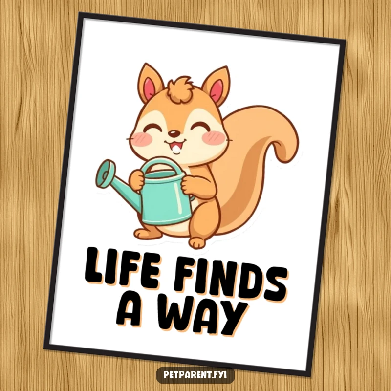 Funny digital art print of a joyful squirrel with a watering can, symbolizing growth and garden cheer.