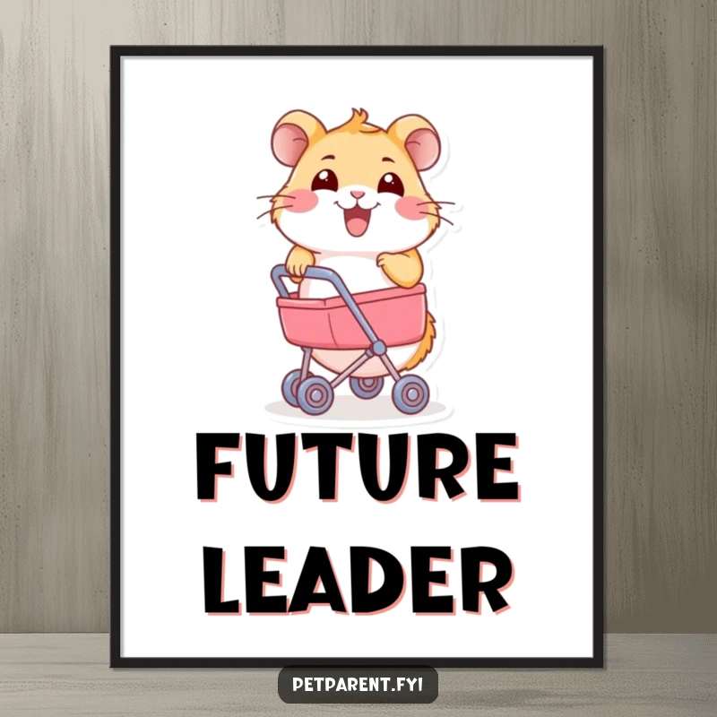 Funny Hamster Digital Art Print: A joyful hamster pushes a miniature stroller. Humorous and instantly downloadable artwork.
