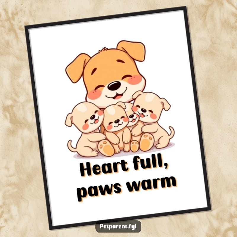 Funny digital art print of a loving dog character cuddling three tiny puppies with a sweet smile, ideal for heartwarming home decor.
