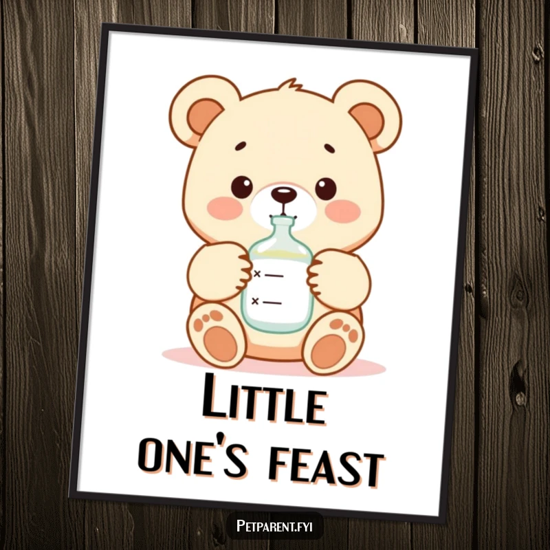 Funny, high-resolution digital art print of a nurturing bear character offering formula from a bottle to a baby.