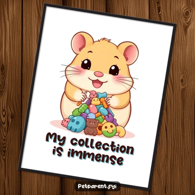 Funny digital art print of a happy hamster proudly presenting colorful pet accessories, ready for humorous pet-themed wall decor.