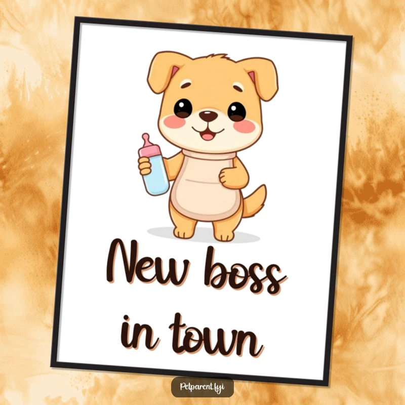 Funny digital art print of a happy dog in an apron holding a baby bottle, perfect for humorous wall decor.