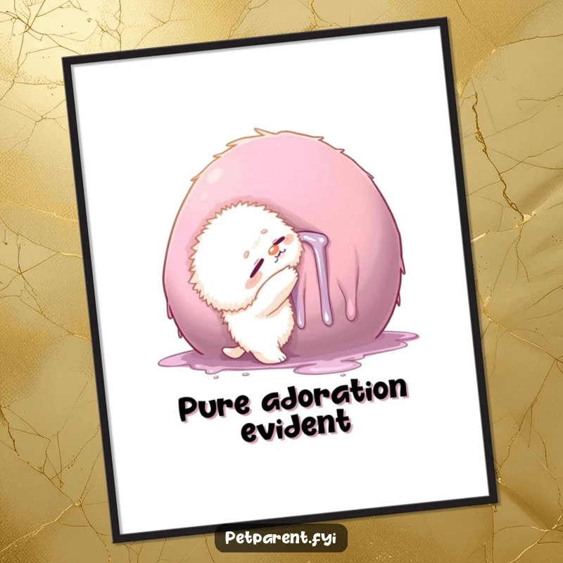 Funny digital art print of a small fluffy creature hugging a large, drool-covered object, symbolizing comic affection and messy love.