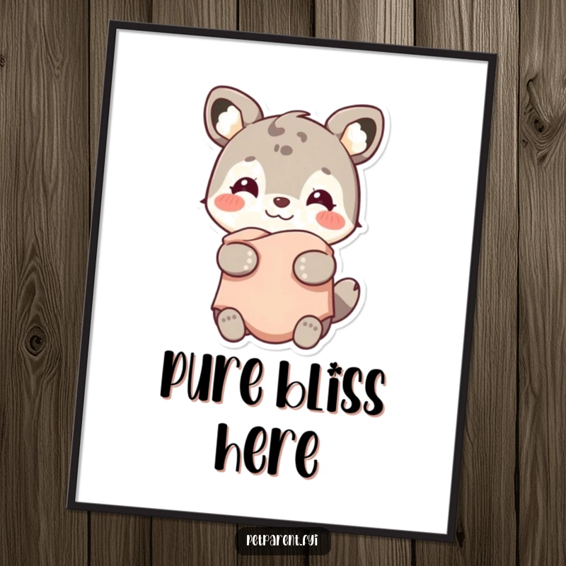 Funny digital art print of a smiling animal character holding a small, warm blanket, perfect for humorous wall decor.