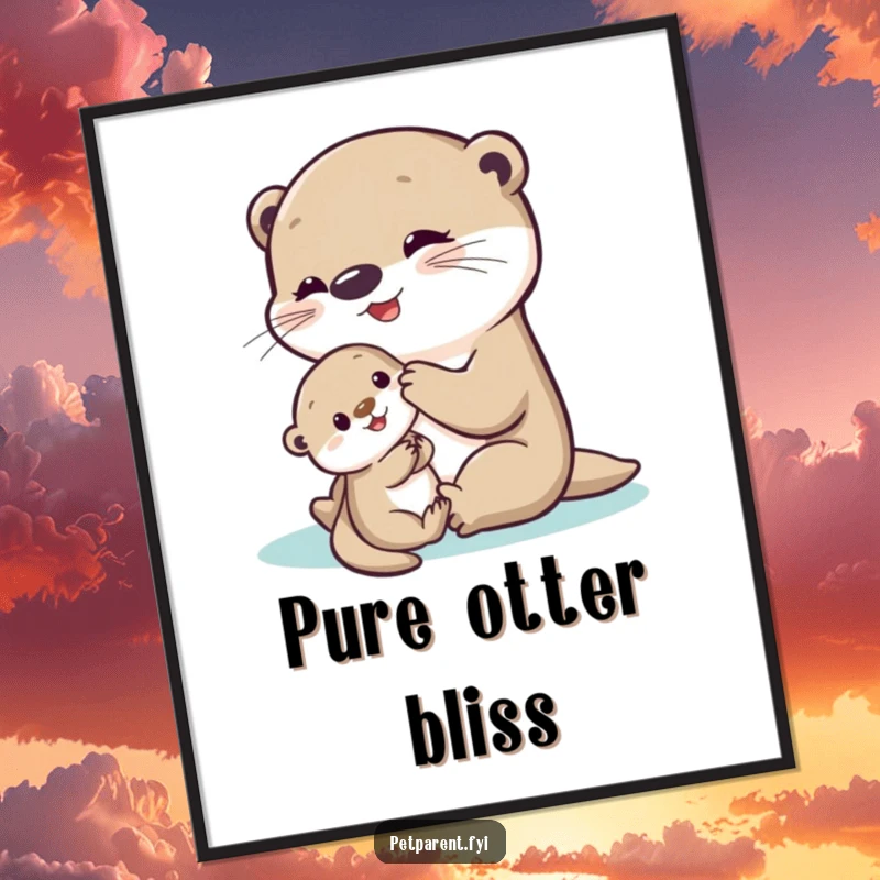 Funny Otter Digital Art Print showing a delighted otter playing with a shy baby otter, offering instant humorous and heartwarming decor.
