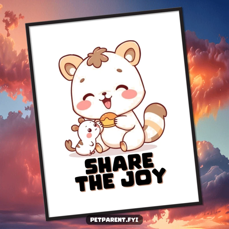 Funny happy animal character offering food to a small friend, as a downloadable digital art print.