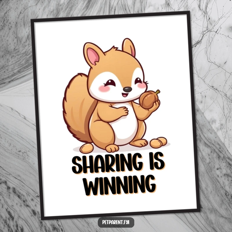 Funny Kawaii Squirrel Digital Art: High-resolution art of a Kawaii squirrel carefully sharing its nuts, ready for download.