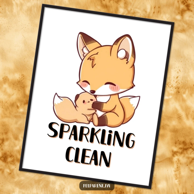 Funny Nurturing Fox Digital Art: A nurturing fox gently grooms a small creature, ideal for humorous family decor.