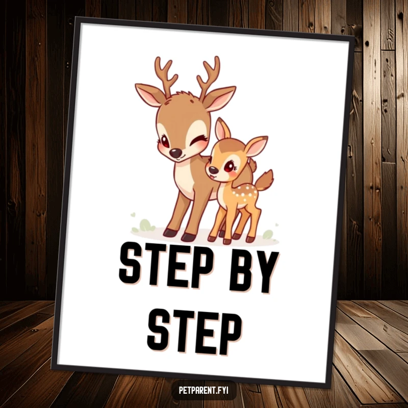 Funny deer digital art print of a caring deer character nudging a fawn, capturing themes of encouragement and maternal love.