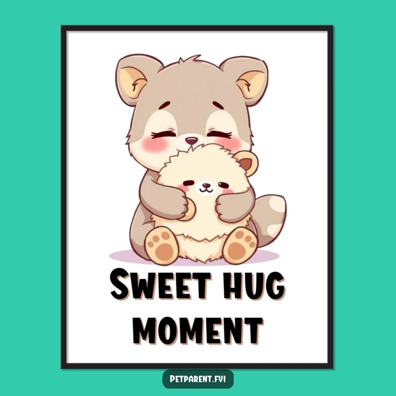 Funny Affectionate Animal Digital Art: Cuddle Print for Sweet Decor