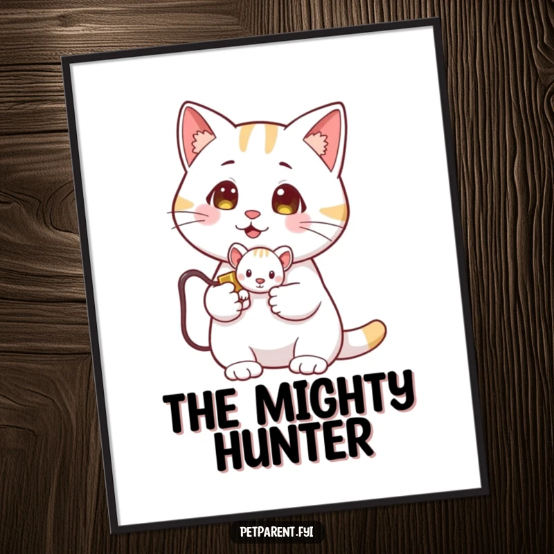 Funny Cat Digital Art Print: A proud cat holds a tiny toy mouse. Humorous and instantly downloadable artwork.