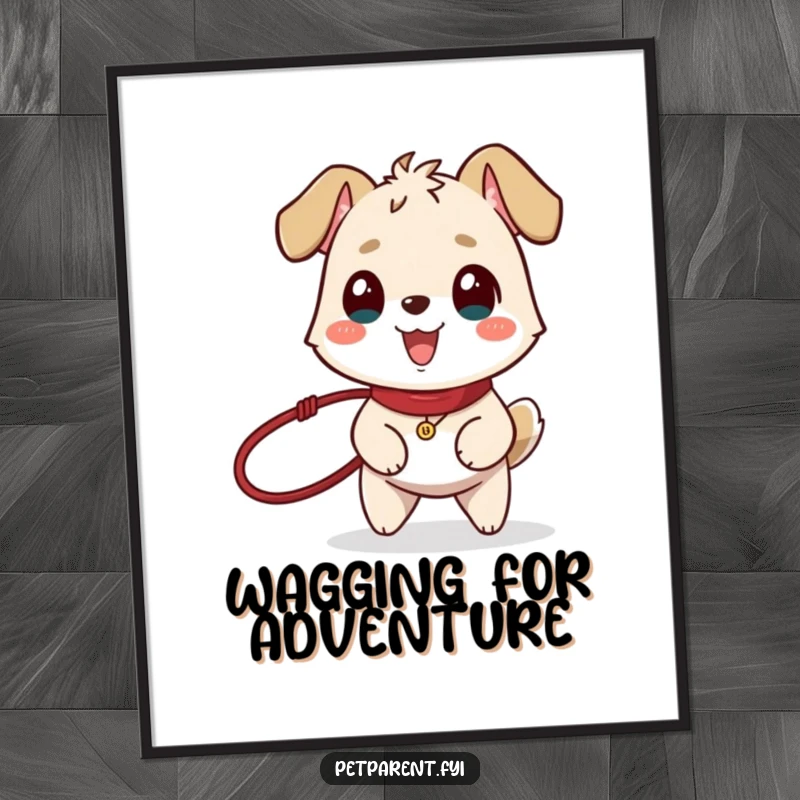 Funny digital art print of a happy animal holding a leash, tail wagging, symbolizing the pure joy of outdoor activities.