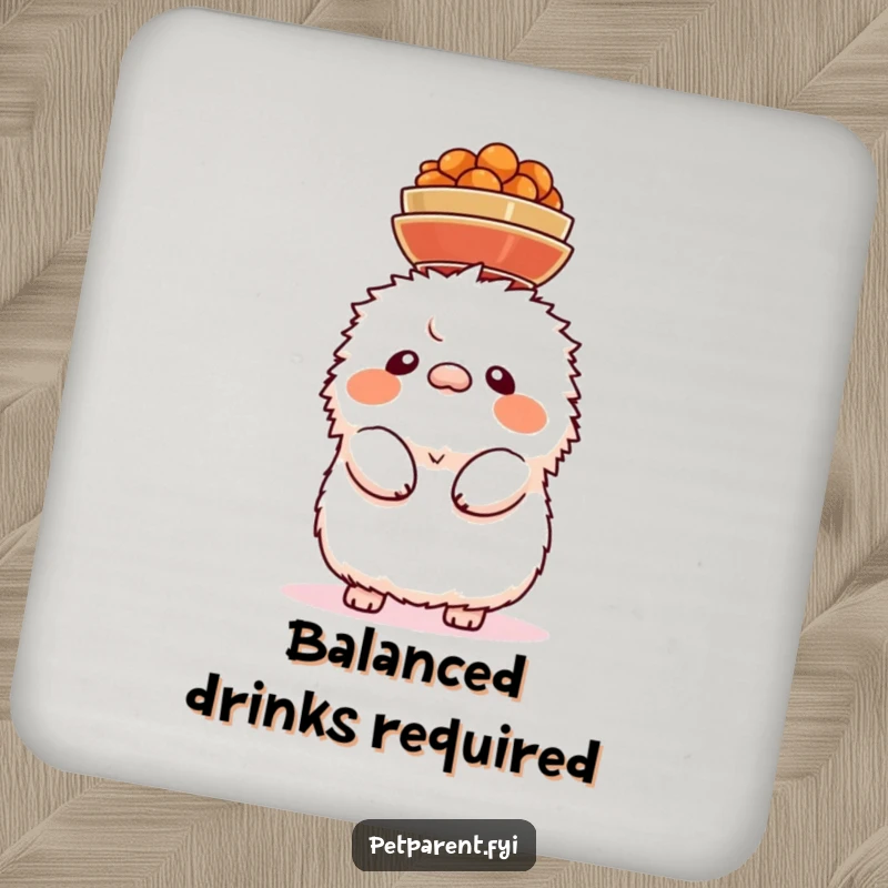 Funny drink coaster with a fluffy creature precariously balancing food bowls on its head, adding comic flair to drinks.