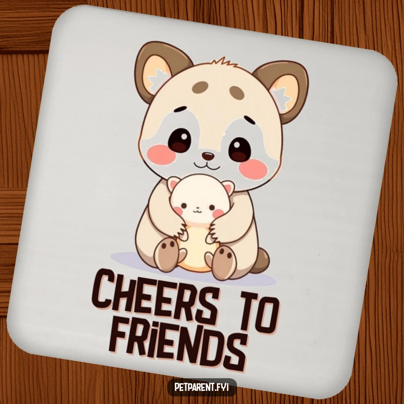 Funny drink coaster featuring a cute animal character cuddling a tiny creature, humorously protecting surfaces with a heartwarming display of affection.