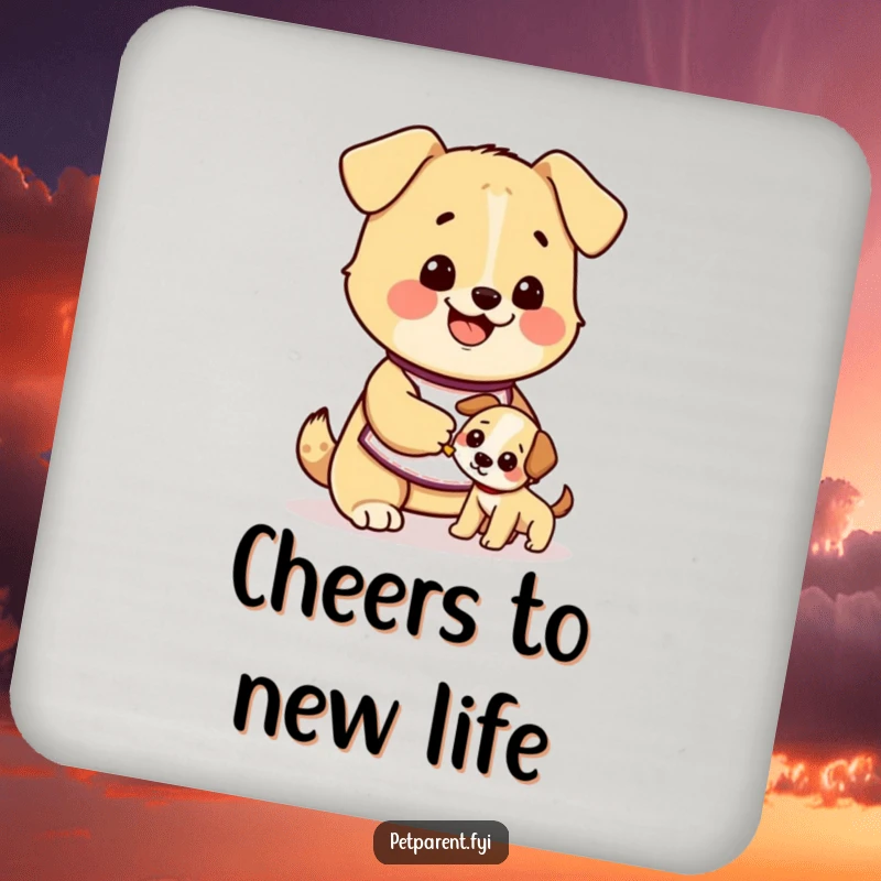 Funny dog drink coasters showing a cute character in an apron happily feeding a smaller puppy, perfect for adorable humor and surface protection.