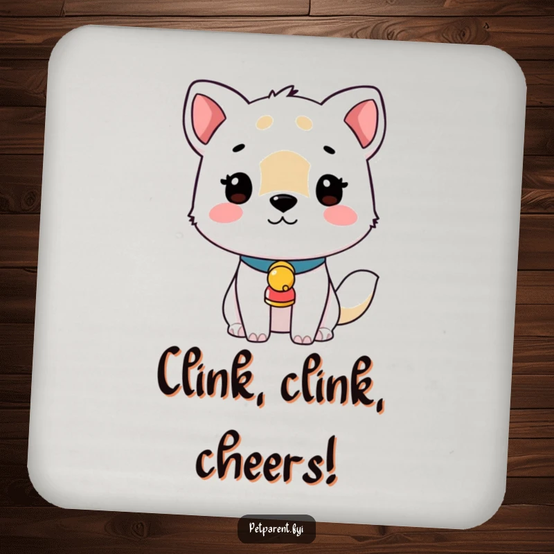 Set of funny drink coasters showcasing an animal with a jingling bell collar, protecting tables with cute pet-themed flair.