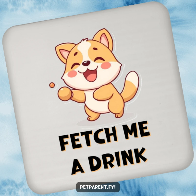 Funny Coasters featuring a delighted animal character playing fetch. A cute and practical funny gift for housewarmings or pet lovers.