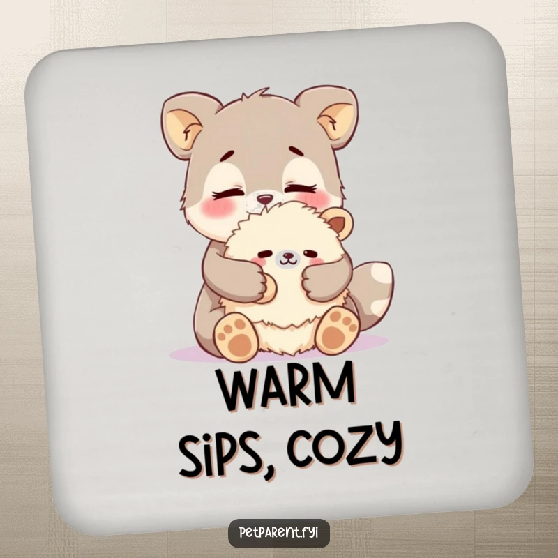 Funny affectionate animal drink coaster with a character cuddling a fluffy stuffed animal. Humorous coaster gift.