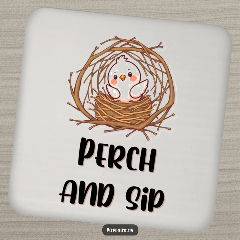 Funny bird character building a twig nest, protecting surfaces with a cute and humorous drink coaster.