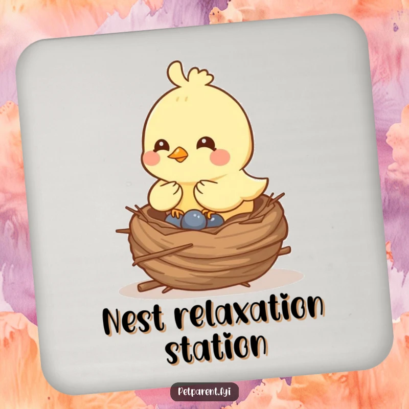 Funny cheerful bird character building a cozy nest on a drink coaster, providing humorous surface protection.