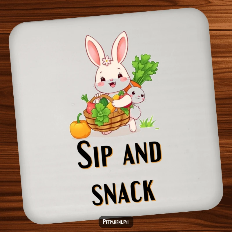 Funny bunny character carrying a basket of vegetables, protecting surfaces with a cute and humorous drink coaster.