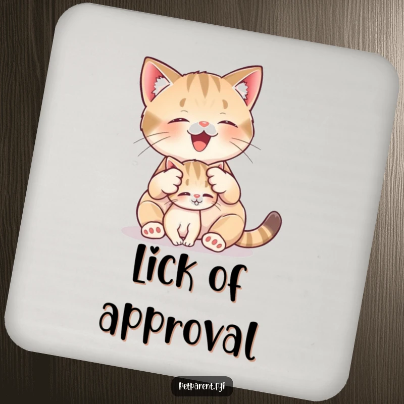 Funny drink coasters featuring a cat character grooming a very small kitten, adding a touch of tenderness and protection.