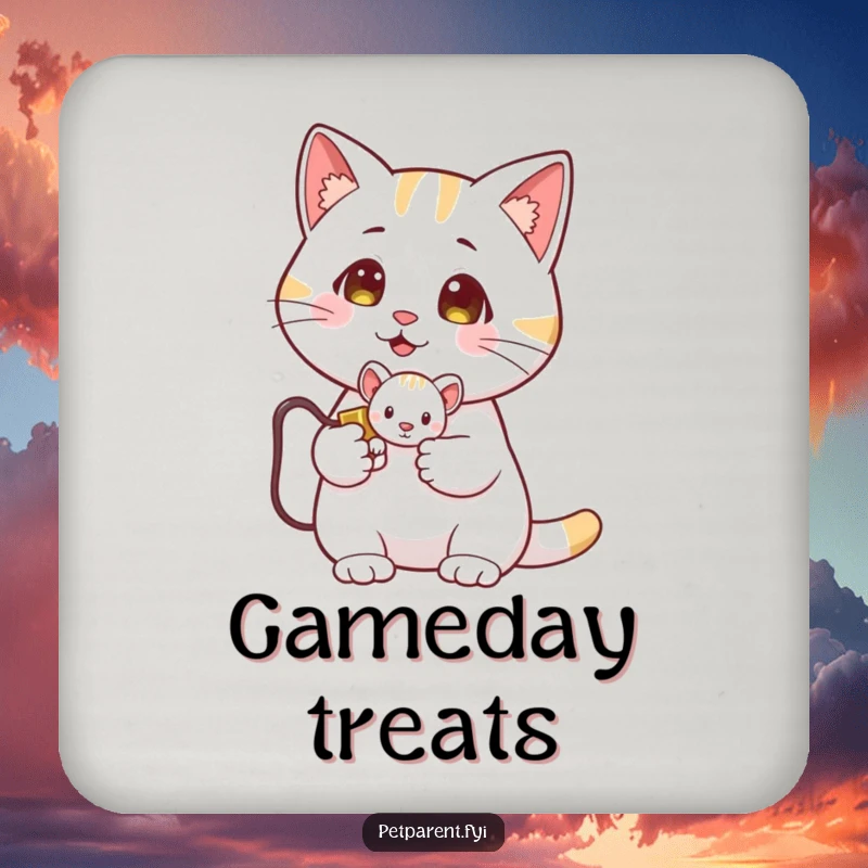 Funny Cat Coaster: A proud cat holds a tiny toy mouse, a humorous and practical accessory for any home.